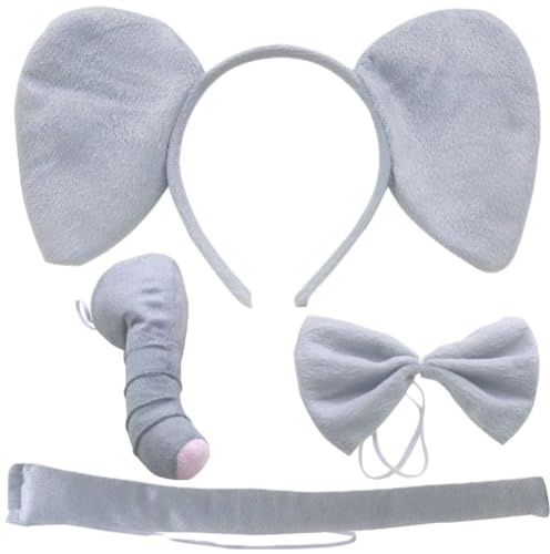 Keuyeo Elephant Costume Set Elephant Ears Headband Nose Tail Bow Tie Kit Animal Fancy Dress Costume Kit for Halloween Cosplay