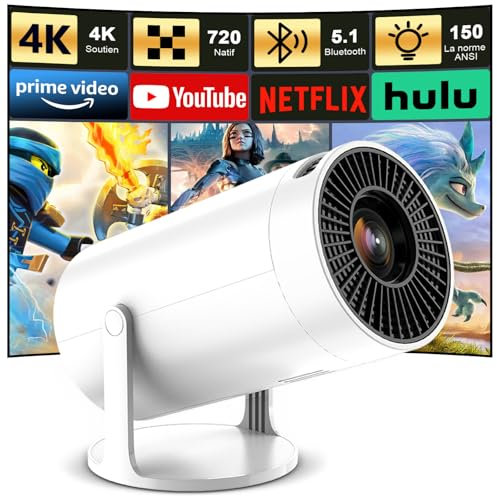 Proiettore Portatile Mini Proiettore 4K 1080P Full HD WiFi6 BT5.2 Videoproiettore Ruotabile 180° Proiettore Video Auto Orizzontale Trapezoid Correction Smart Projector per Phone HDMI USB