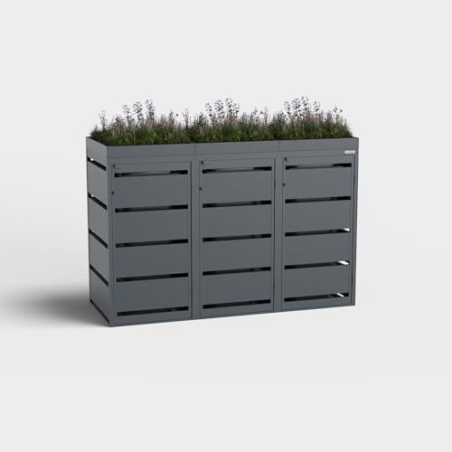 Dagobert Mülltonnenbox 3er für 120L Mülltonne mit Pflanzendach | Verzinkter Stahl, Robuste Mülltonnenverkleidung, Verwendbar als Paketbox, Mülltonnen Unterstand
