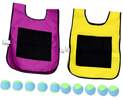 FUNNETOYU Kinder Klebeballweste Satz 2 Westen Gelb Violett Aus Langlebigem Material 10 Schwammbälle Selbstklebend Gruppenspielzeug Für Motorik Und Outdoor Spiel