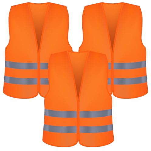 Romon Gilet Alta visibilità, 3 Pezzi Arancione Fluorescente Giubbotto Sicurezza Riflettente, Giubbotto Catarifrangente, Giubbotti di Sicurezza per Conducenti Cantiere Stradale Assistenza Uomo Donne