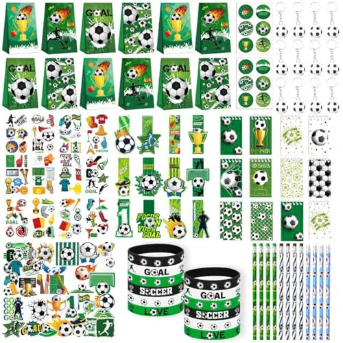 FACLJSSX 146PCS Football Party Favor, Football Party Bags, Gift Bags Tattoos Stickers Bracelet Notebook Bookmark Stickers Keychain Pencils for Birthday Soccer Party Gifts Bags