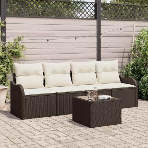 Teenpull Garten-Sofa-Set 5-teilig, Braun und Creme Poly-Rattan-Gartenmöbel mit Stahlrahmen, modulares Loungeset für Terrasse, Balkon und Außenbereich