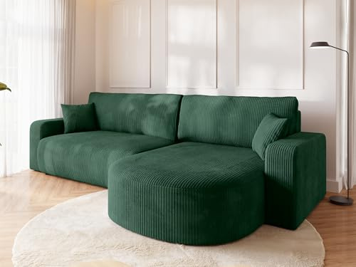 BROMARKT Ecksofa mit Schlaffunktion und Bettkasten Cordstoff Sofa Dreisitzer Schlafsofa Eckcouch Relaxsofa für Wohnzimmer Wohnlandschaft L-Form Bisk 275x170x85cm Dunkelgrün