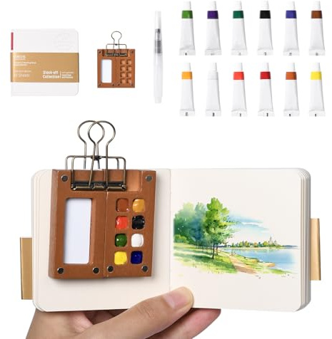 WAONIQ Mini Malkasten Aquarell Set,pocket aquarell travel set, mini aquarellkasten travel malset mit 12 farben für Kinder,Studenten, Hobbymaler, Künstler（Walnußfarbe）