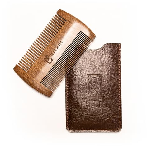Bartkamm aus Kirschholz inkl. PU Leder Schutzhülle - Doppelseitig fein und grob - Antistatisch - Anti-Klit - Bartpflege - Beard Comb