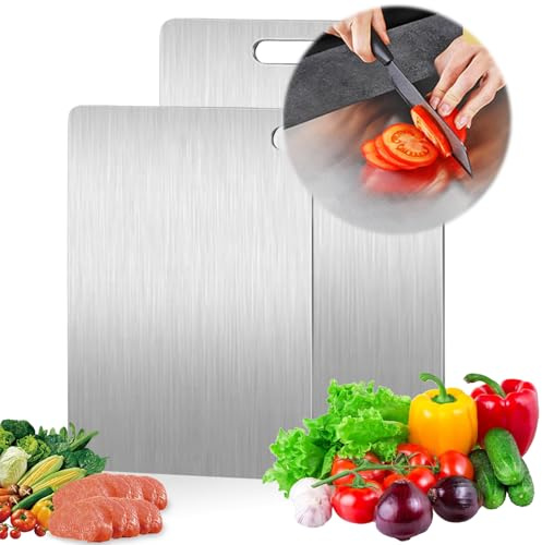 Tccydm Titanium Cutting Board, 2 Pièces Planche à Découper en Titane, Planche de à Decouper Inox, Stainless Steel Cutting Board, Planches À Découper Plateau De Service Pour Viande, Fruits,Et Légumes