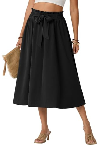 Lepunuo Women's High Waisted Paperbag Midi Skirt with Tie Belt Black