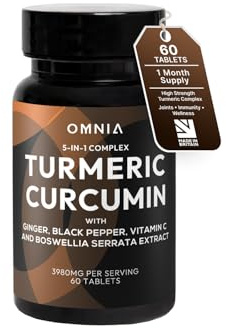 OMNIA High Strength Turmeric Complex 3980mg – Turmeric Curcumin C3® with Ginger, Boswellia, Black Pepper & Vitamin C 60 Tablets, Joint Pain Relief, Immune Support & Anti-Inflammatory Supplement (60)