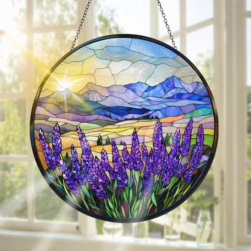 Pavemlo Lavendel Buntglas Sonnenfänger Fensterschmuck hängend Landschaft – Handgefertigter Sonnenfänger als Dekoration für Garten, Fenster, Innen- und Außenbereich, Weihnachten Party, 20 x 20 cm