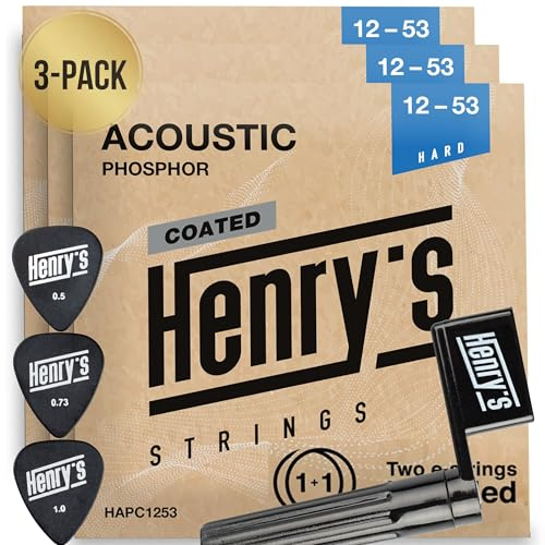 PowerTone - Corde per chitarra western rivestite, 3 plettri e 3 corde extra E1, qualità del suono brillante Western - Acoustic Guitar String 12-53