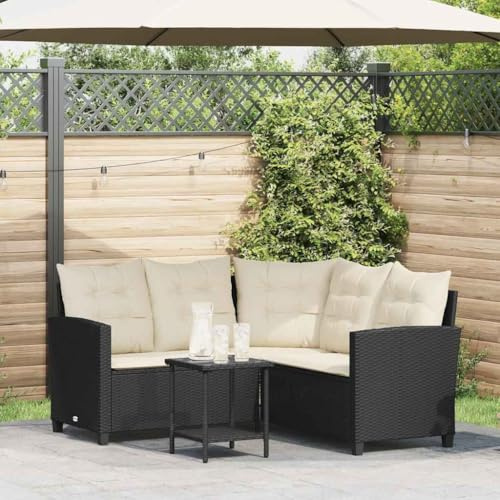 KKHOMEI Ecklounge mit Couchtisch Balkon Lounge Klein L Form Balkonmöbel Kleiner Balkon Sofa 3 Sitzer Gartenlounge Set Rattan Lounge Balkonsofa Schwarz und Creme