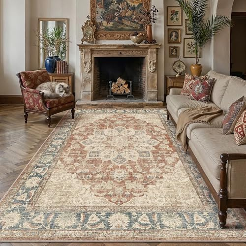 PureCozy Red Blue Rugs Living Room Area Rug 200x300cm Bedroom Large Washable Non Slip Vintage Carpet Office Kitchen Bedroom Dining Room Indoor Low Pile Carpets