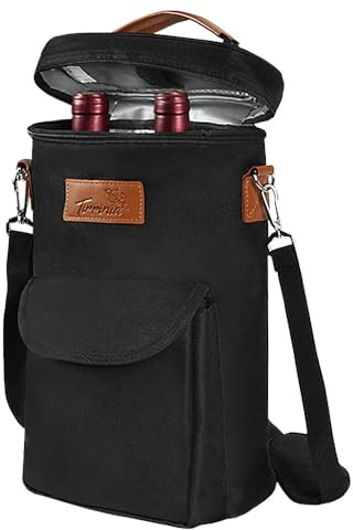 Kato Tirrinia Insulated Wine Cooler Bag Leakproof Padded Portable Wine Carrier with Shoulder Strap 2 Bottle Wine Bag for Camping Travel Beach Picnic Wine Lovers Gift Black
