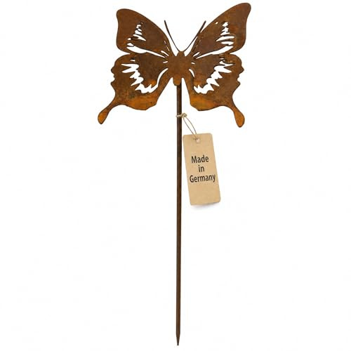 Rostikal Gartenstecker Rost Schmetterling aus Metall, Edelrost Gartendeko, Filigrane Ausstanzungen, Stabiler Metallstab, 52 cm Gesamthöhe, Blumenstecker für Beet, Topf & Balkon, handgefertigt