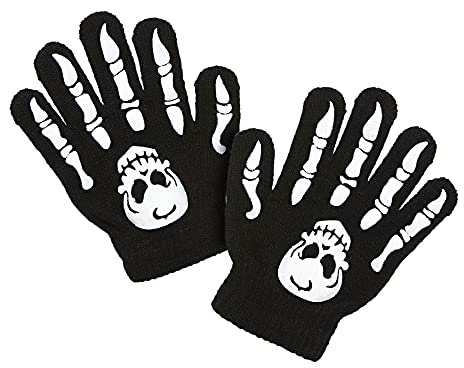 W WIDMANN MILANO Party Fashion - Skelett Handschuhe Kinder | Schwarze Handschuhe mit Totenkopf für Halloween, Karneval und Mottoparty