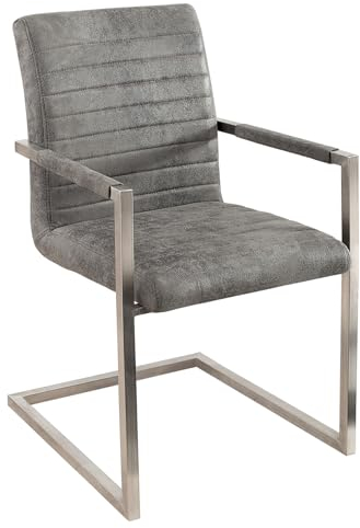 invicta INTERIOR riess-Ambiente Freischwinger Stuhl LOFT Vintage grau mit gepolsterten Armlehnen und Edelstahlgestell Esszimmer Stuhl Esstischstuhl Microfaserstuhl