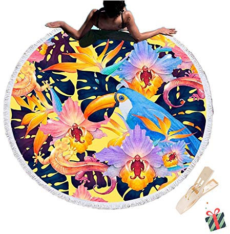 Morbuy Strandtuch Mikrofaser Rund Groß, Papagei Vögel Kinder Mädchen Damen Badetuch Gedruckt Quaste Schnelltrocknendem Multifunktional Tischdecke Picknickdecke (150cm/59in,Blumen)