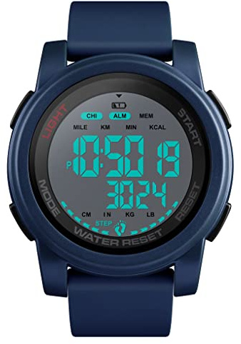 FeiWen Homme Outdoor Sport Digital Podomètre Montres 50M Étanche Outdoor LED Électronique Calorie Temps Double Chronomètre Calendrier Grand Plastique Militaires Montre Bracelet (Bleu)