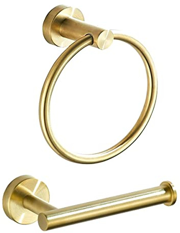 BATHSIR Lot de 2 Anneaux Porte-Serviettes dorés, matériel de Salle de Bain avec Porte-Papier Toilette et Porte-Serviette, Support Mural, Accessoires de Salle de Bain Or brossé en Acier Inoxydable