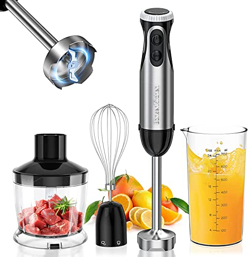 Bonsenkitchen Batidora de Mano, Batidora Eléctrica de Alto rendimiento 4 en 1, Batidora Multifunción Ajustable de 9 Velocidades, con Vaso Medidor, Picador y Batidor, Cuchillas SUS, Colgar en la Pared