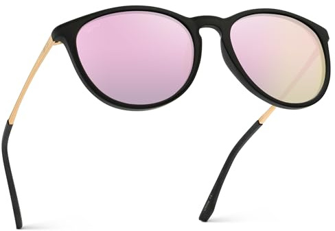WearMe Pro Round Polarized Sunglasses for Women - UV400 Protection, Lightweight Tortoise Shell Frame, Vintage Retro Designer Style (Black Frame/Mirror Pink Lens)