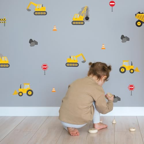 Klebekerlchen® | Wandtattoo Kinderzimmer Junge & Mädchen, Wandsticker selbstklebend, wiederverwendbare & rückstandsfreie Kinderzimmer Deko – Wandtattoo Bagger Sticker (Set mit 27 Motiven)