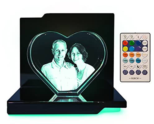 LOOXIS Personalisiertes 3D Laser-Foto vom eigenen Bild in Glas-Herz gelasert – 130 x 160 x 80 mm, Hologramm – Geschenkidee Männer, Frauen, Valentinstag, Hochzeitstag – Herz XL, inkl. Leuchtsockel
