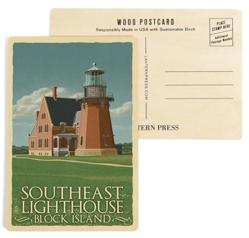 Block Island, Rhode Island, South East Lighthouse, Letterpress (4x6 Birch Wood Postcards, 2-Pack Stationary, Rustic Home Wall Decor)