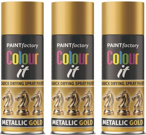 Shimmering Gold Metallic Spray Paint, 3 X 200Ml Aerolsol Spray Paint Ideal For Metal Wood Plastic & Automotive Interior & Exterior Paint Perfect Silver Gloss Finish & Protection Spray By Paint Factory
