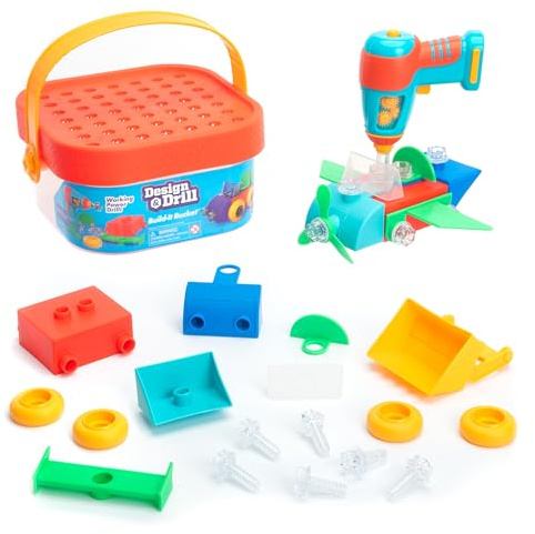 Learning Resources Cubo de construcción de Design and Drill, Juguete de Stem, 41 Piezas con taladradora eléctrica de Juguete, Juguetes de Viaje para niños y niñas, 3+ años