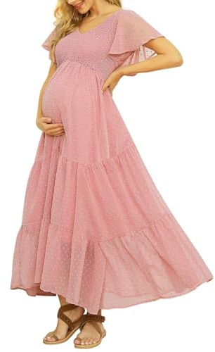 Gepunktetes Smockkleid für schwangere Frauen, geeignet für Babyparty, Fotoshooting, fließend, Freizeit, mit V-Ausschnitt, Rüschenärmeln, Empire-Taille und Stufenrock