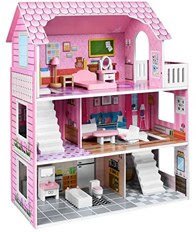 XMTECH Puppenhaus aus Holz Haus, mit Möbeln und Zubehör, Doll House Puppenvilla Dollhouse, Puppenstube Spielhaus Spielzeug Spielset mit DREI Spielebenen, für Kinder Kinderzimmer, 60 x 24 x 70 cm