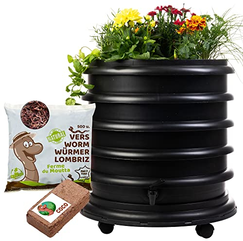 WormBox | Vermicompostaggio 3 Vassoi Nero + Fioriera per Piante + 250g di Vermi Lombrichi / 500 pz. + 1 Cocco | 48 Litri | Compost di Rifiuti Organici Compostiera Vermifuga Lombricompostiera