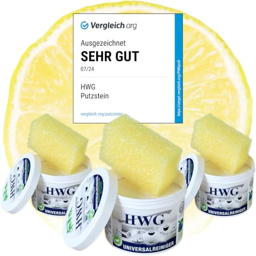 HWG® Universal Putzstein 3er Pack inkl. Schwämme (3x 450 g) – Reinigungsstein Vorratspack mit Abperleffekt – 4in1 Polierstein Spar-Set gegen Kalk & Schmutz