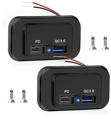 Sweetone 2Pcs Dual USB Car Charger Socket QC 3.0 and PD Type-C Dual Port USB Car Charger Adapter 12V-24V Quick Charge Socket Panel with Spring Cover for RV Boat Caravan Marine