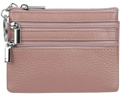Women's Genuine Leather Coin Purse Mini Pouch Change Wallet with Keychain, Dark Pink, One Size, Coin Purse