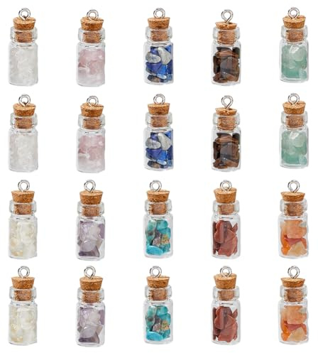 SUPERFINDINGS 40Pcs Pendentifs de Bouteille en Verre Mini Bouteille en Verre avec Éclats Naturels Breloques en Pierre de Cristal Colorée Breloques de Bouteille Transparentes avec Boucles en Fer Ton
