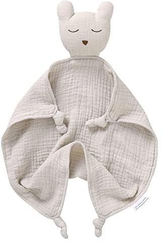 LAWKUL Baby-Schmusedecke für Neugeborene Musselin Bio-Baumwolle weiches Kuscheltier für Jungen und Mädchen 40x40cm Bär Beige