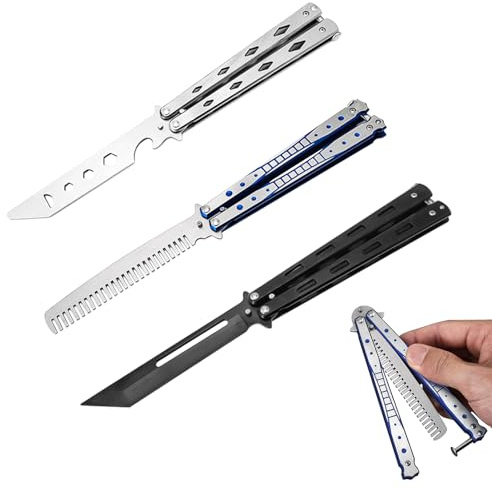 MEGYAD Butterfly Trainer 3 unidades: navaja mariposa para practicar hoja desafilada peine de ejercicios de acero inoxidable para cuchillos de entrenamiento principiantes trucos (plata + negro + azul)