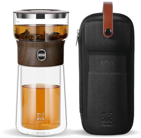 ZENS Modern One Touch Tea Maker, Glass Teapot with Infuser for Loose Leaf Tea, Mess-Free Smart Pouring, 9.13 oz, Walnut