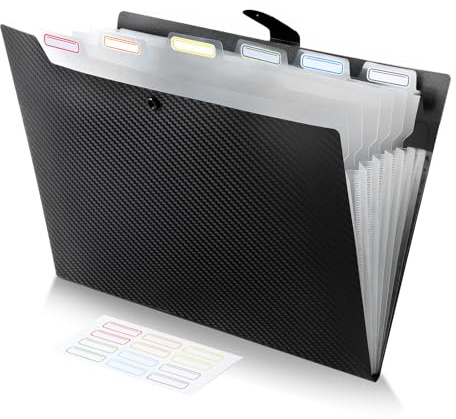 FRETONBA A4 Dokumentmapp med 7 fack, Dokumentmapp 1 styck, Plastfäste A4 Stabil Etikettdesign, Ringmapp med Knappdesign Förhindrar Spill, Register för Ordning, Svart