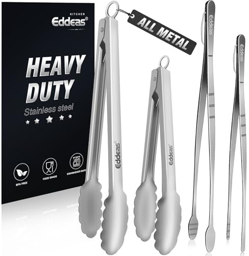 Eddeas Tongs For Cooking - Heat Resistant 600 Degrees, All Metal Kitchen Tweezers Tongs, Heavy Duty Stainless Steel Cooking for Food, Grill, BBQ, Dishwasher safe Set of 4 (12 & 9in)