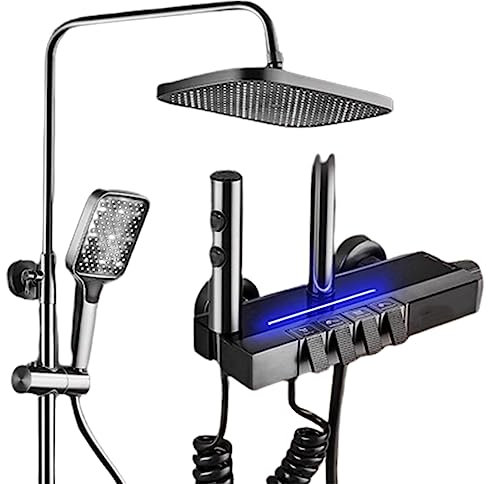 DRFGNF Set Doccia con Display Digitale a LED, Tasti del Pianoforte a Parete, termostato Completamente in Rame, Luce Ambiente a LED Blu (Grigio Caldo e Freddo)