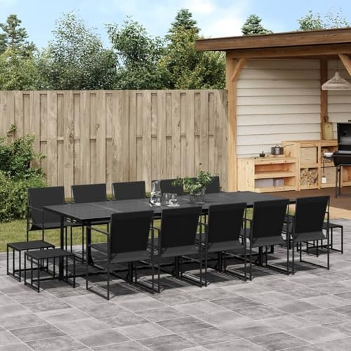 Homgoday Set da pranzo da giardino 15 pezzi textilene nero, sedia seduta poltrona tavolo cucina esterno terrazza patio balcone mobili