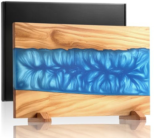 Annie & Mia Design Blue Epoxy Resin Magnetic Knife Holder Block Made of Premium Olive Wood without Knives Decorative Kitchen Knife Block Resin River Design, Wooden Knife Block Strong Magnets