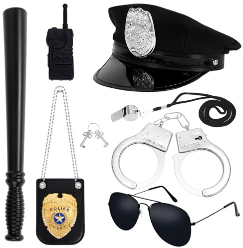BTHRORO 7 Piezas Set de Disfraz Policia para Niños, Incluye Gorra, Esposas, Walkie Talkies, Placa, Gafas de Sol, Silbato y Bastón