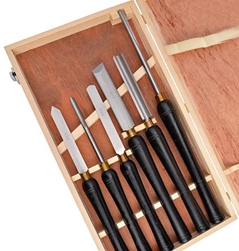 Outils de travail du bois, outils de tournage du bois HSS 6 pièces avec lames en acier rapide et poignées en frêne Outils de travail du bois Ensemble de ciseaux artisanaux avec étui en bois for débuta