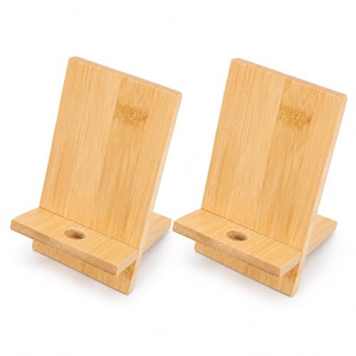 Garneck 2er Set Bambus Handy- Und Tablet-Ständer Stabiler Holz Halter Für Schreibtisch Universell Einsetzbar Mit Ladeöffnung – Ideal Für Home Office Und Freizeit | Ladeöffnung Buchständer Staffeleistütze 2er Set Handy Tablet-Ständer Stabiler Halter Schreibtisch Einsetzbar Home
