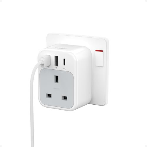 TESSAN USB C Plug Adapter UK, Plug Extension Socket with 3 USB Ports, 3250W 1 Way Outlet Extender, Wall Charger Sockets Adapter for Home, Kitchen, Office, School Supplies, 15W
